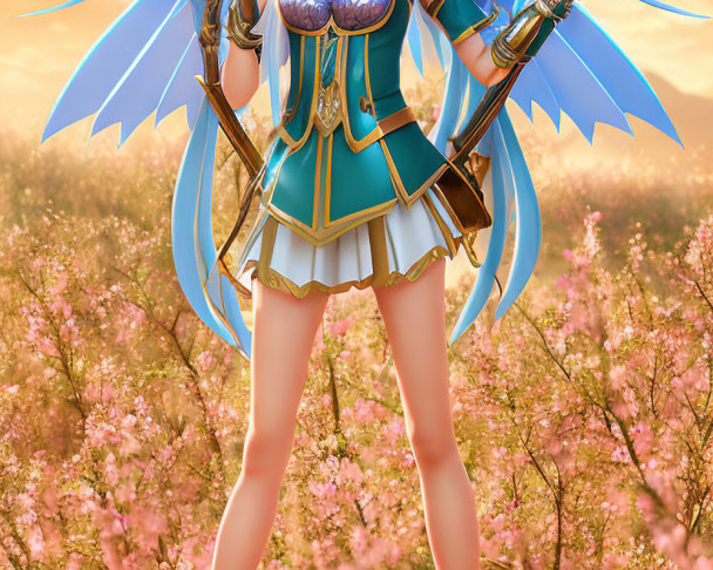 Blue-winged elf-like character in glasses and colorful armor with a bow in a sunset flower field