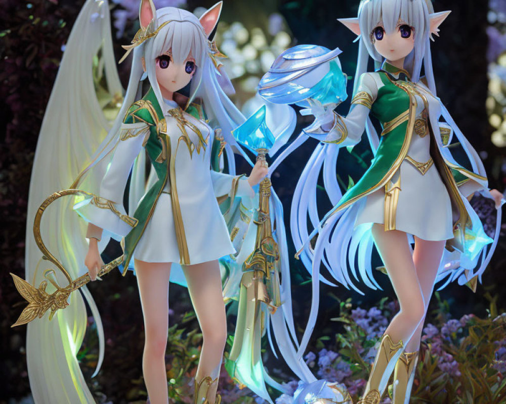 Anime-style female figures with elf ears in white outfits holding a scepter and sword among purple flowers.