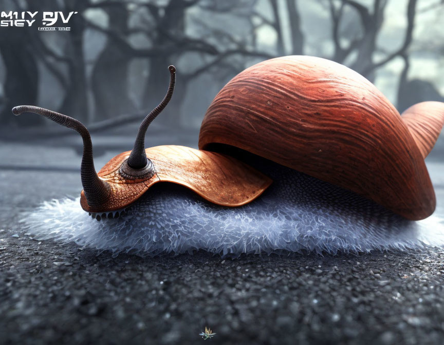 Detailed hyper-realistic snail image on fluffy surface with textured shell and forest background