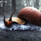 Detailed hyper-realistic snail image on fluffy surface with textured shell and forest background