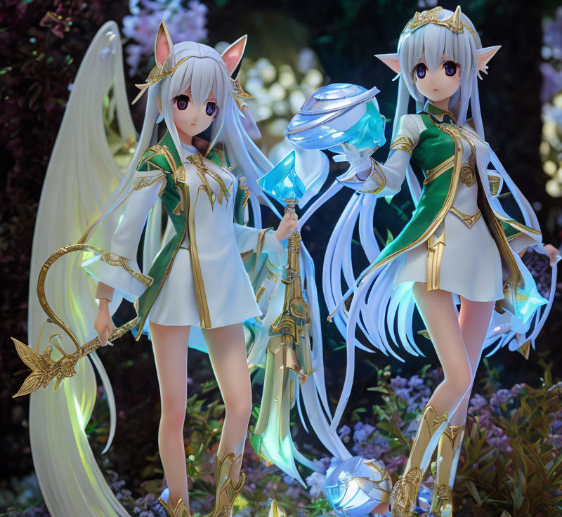 Anime-style female figures with elf ears in white outfits holding a scepter and sword among purple flowers.