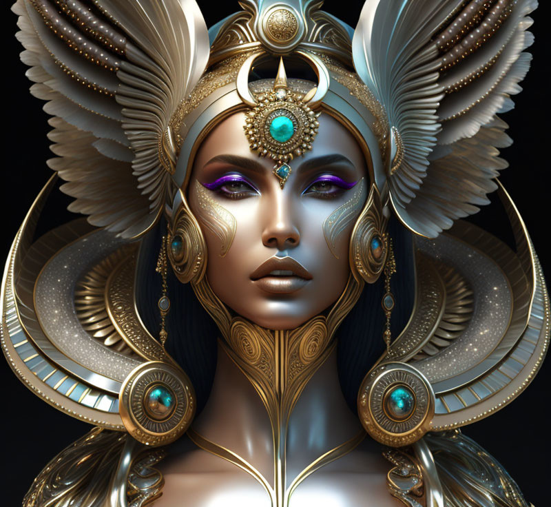 Detailed 3D illustration of woman with ornate golden headgear and turquoise accents.