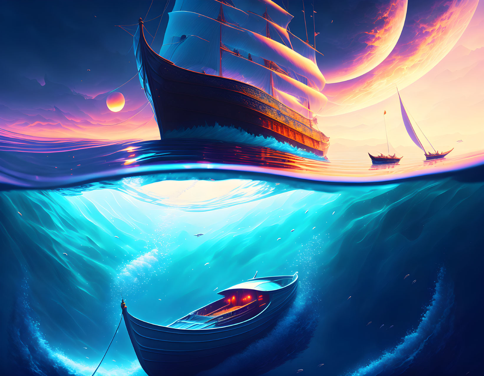 Colorful digital artwork: ships on surreal ocean with large planet and moon in sky.