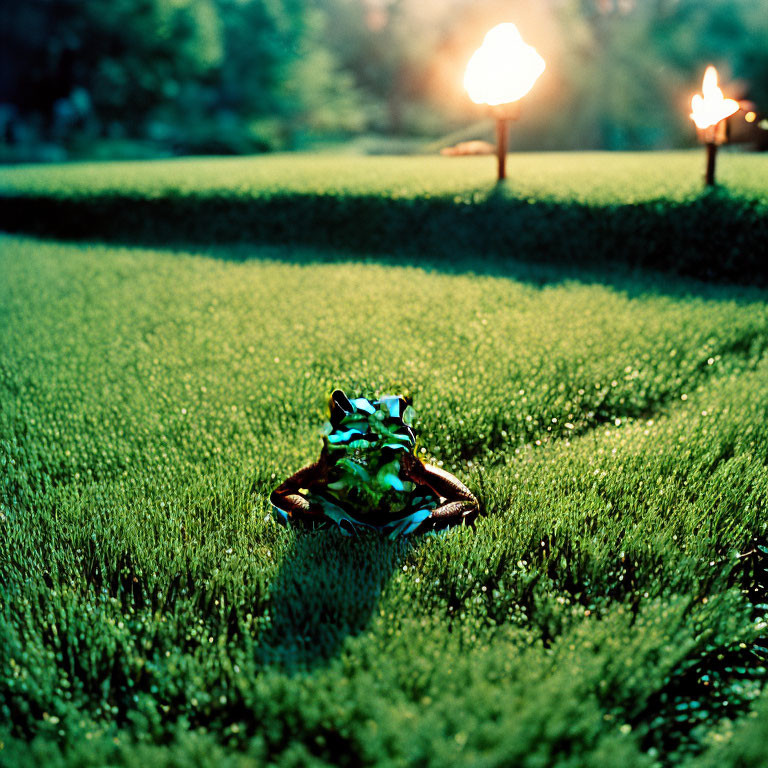 Illuminated garden at dusk with frog statue and lit torches