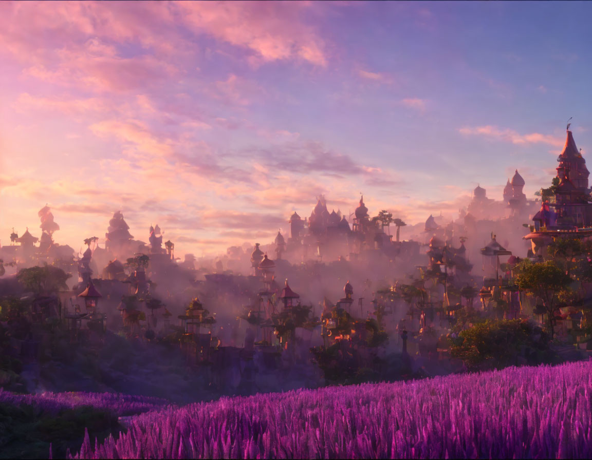 Fantastical dusk landscape with purple foliage and misty spire-topped structures