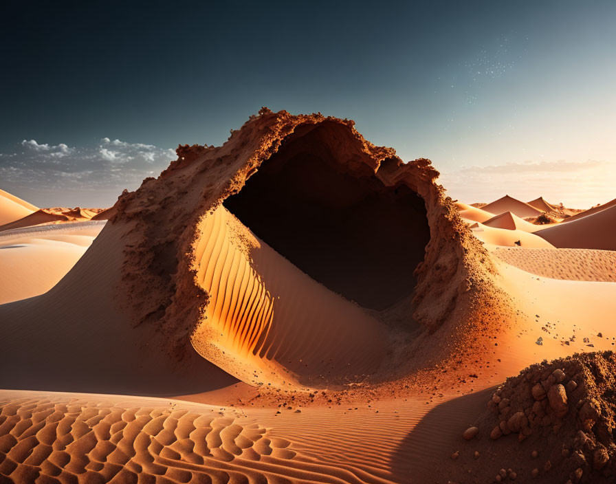 Eroded desert archway under twilight sky with sand dunes.