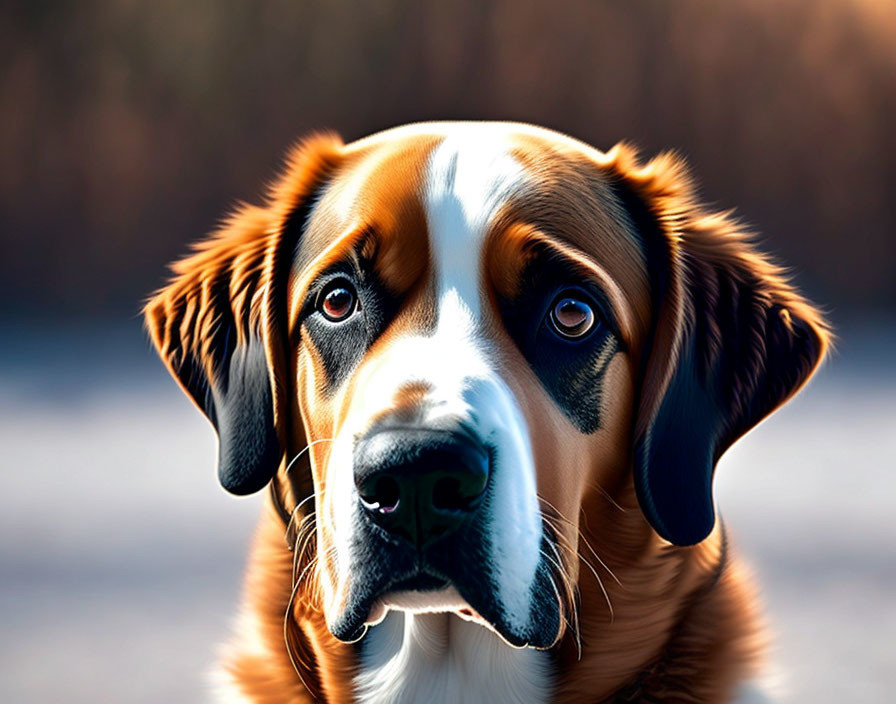 Tricolor dog with soulful eyes and glossy coat on blurred background