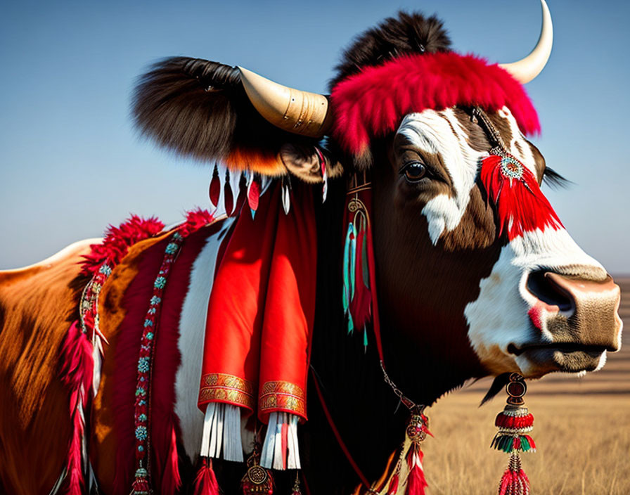 Cow adorned with red headdress and beads in field under blue sky