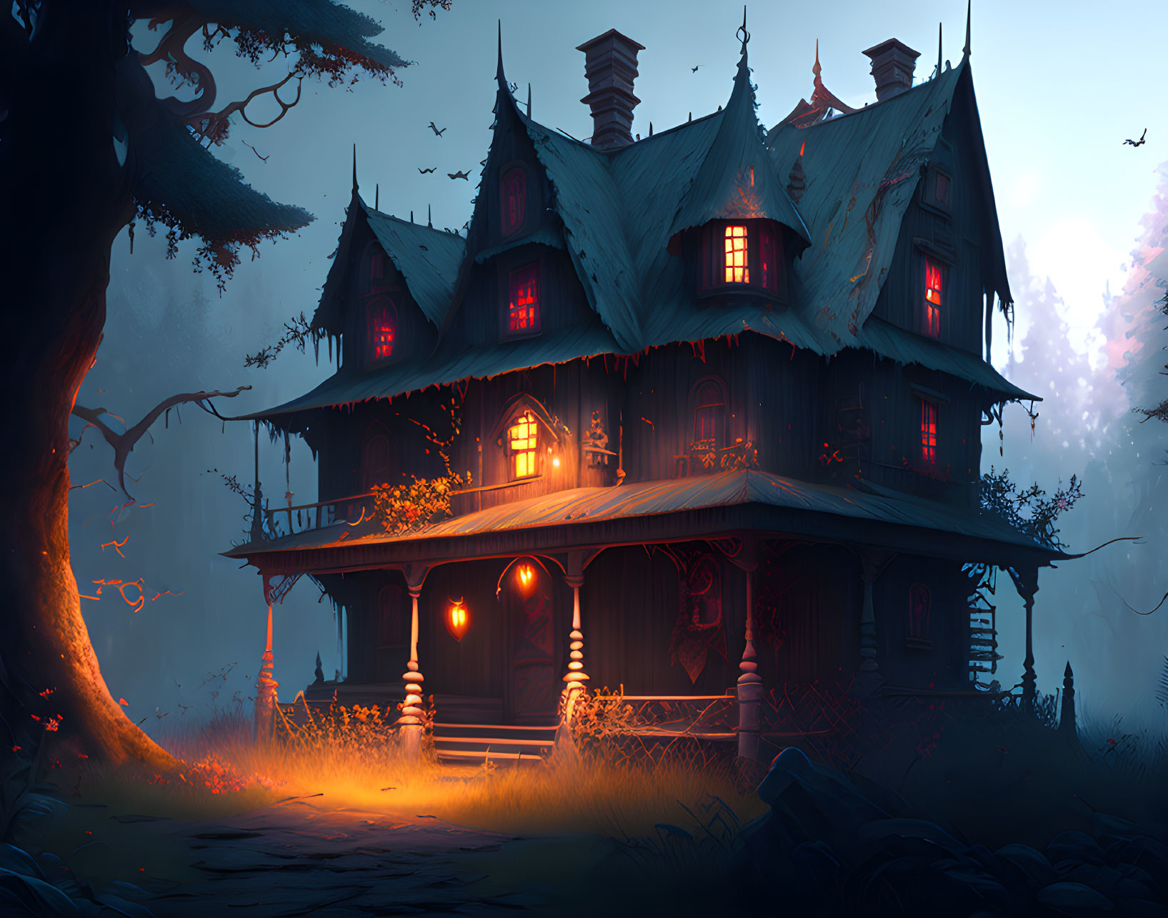 Spooky twilight scene: Large haunted house, glowing windows, gnarled trees, flying crows