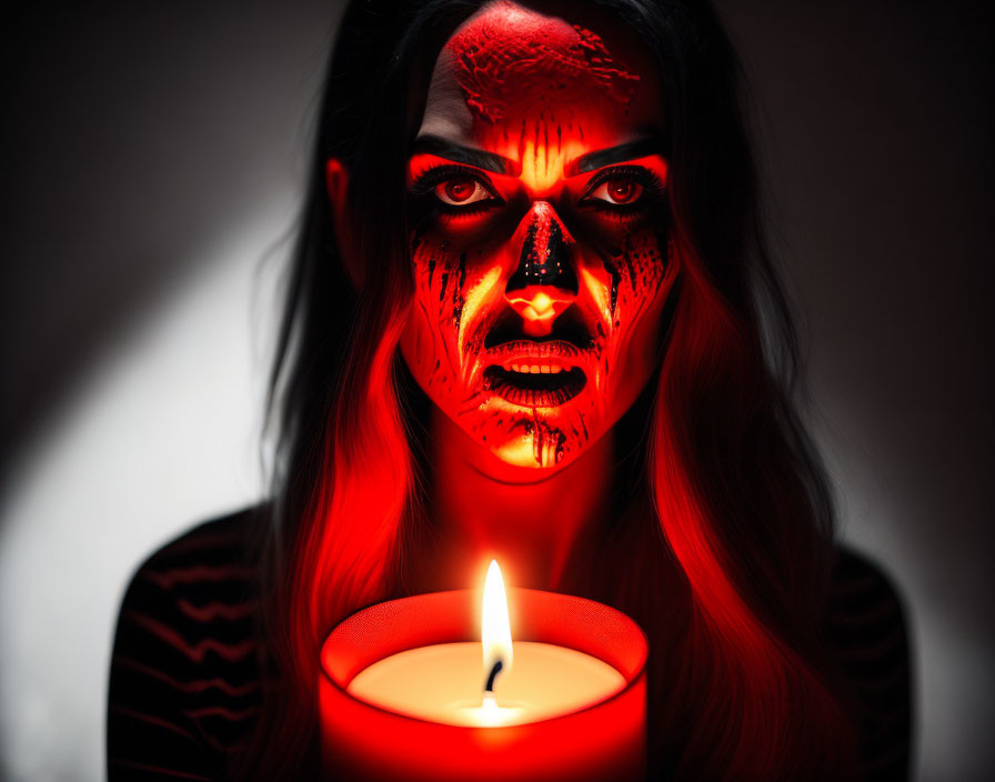 Woman with Skull Makeup in Candlelight Setting