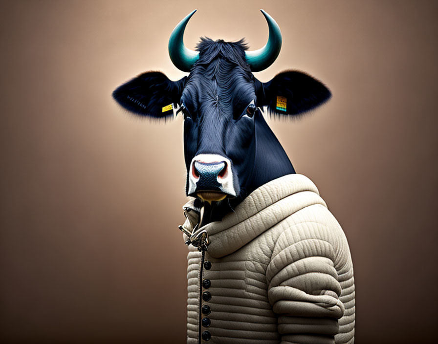 Bull with piercing and tag in cream jacket on beige background