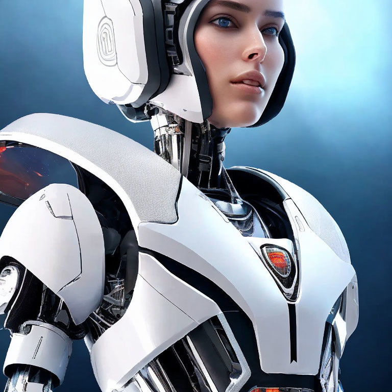 Female humanoid robot with white and black design and intricate mechanical neck structures on blue background