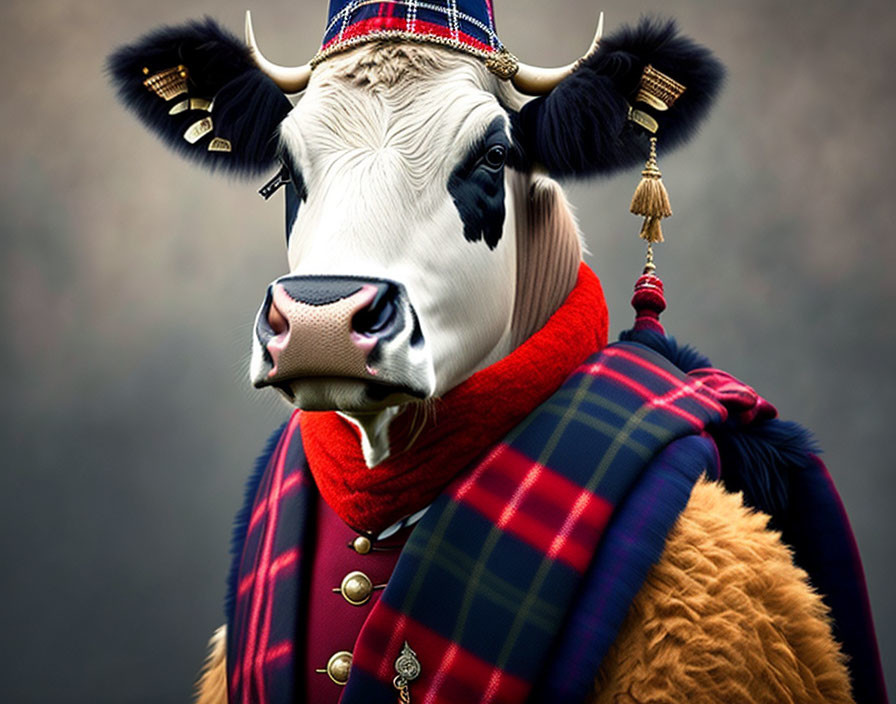 Cow in Tartan Beret with Plaid Scarf & Golden Accessories