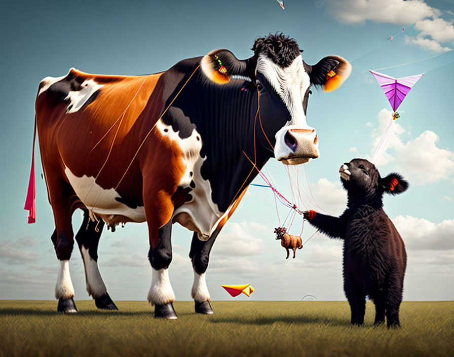 Bear Cub Playing with Giant Flying Kite-Cow in Whimsical Outdoor Scene