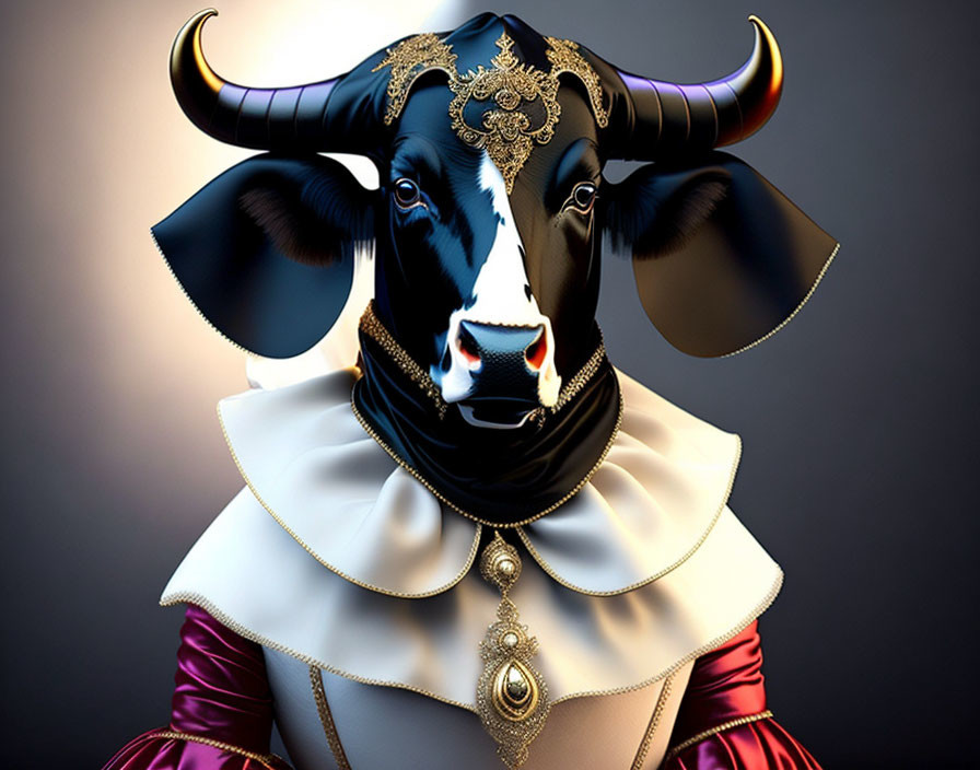 Stylized bull with human-like posture in Elizabethan attire