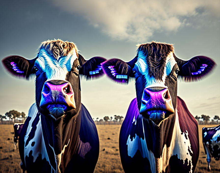 Exaggerated blue and purple cows in field under blue sky
