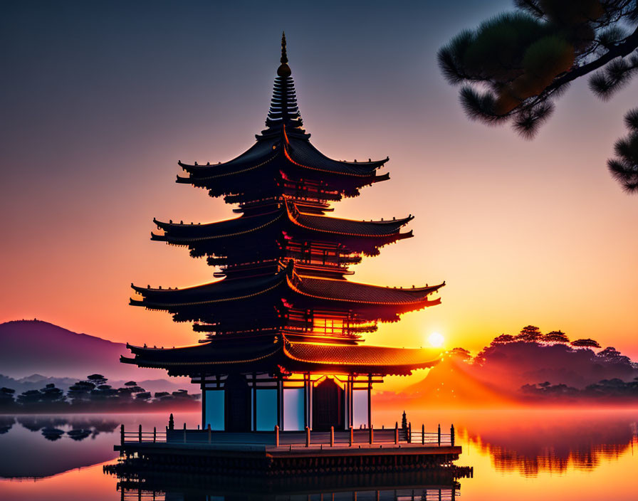 Traditional Japanese Pagoda at Sunrise by Calm Lake