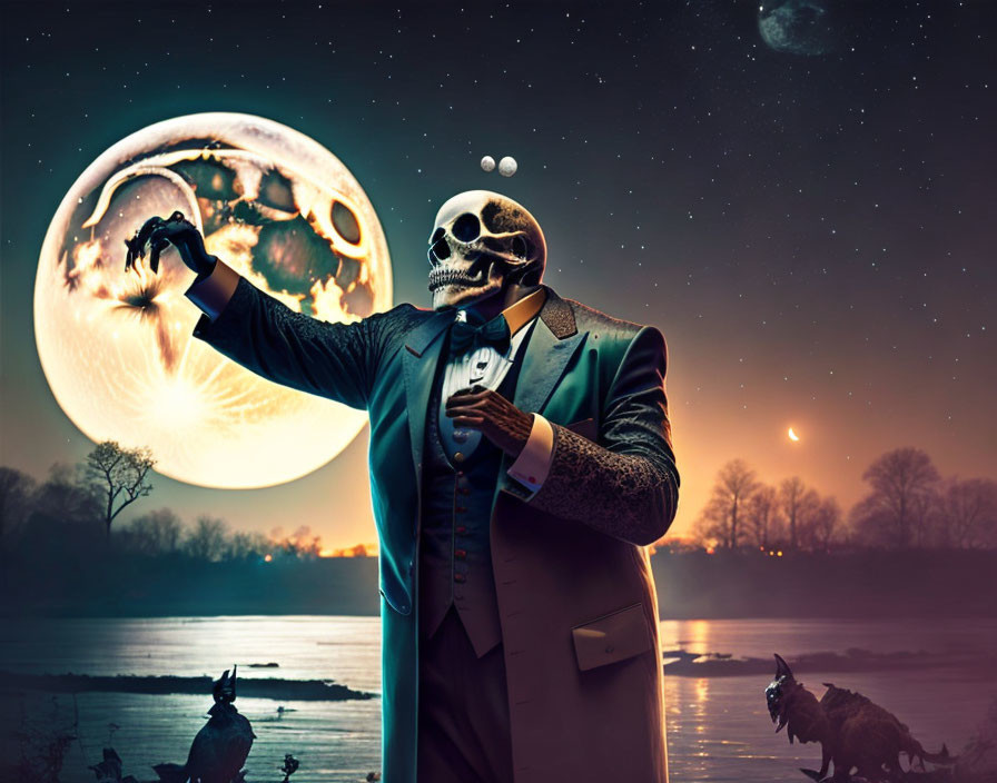 Skeleton-headed figure in suit gesturing under moon and stars