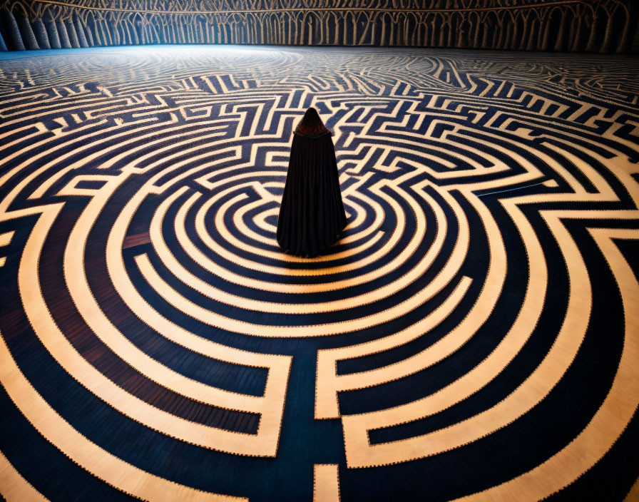 Circular Maze-Like Patterned Carpet with Central Figure