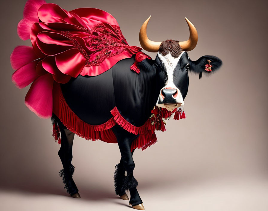 Whimsical cow dressed as flamenco dancer with red flower and frilly dress