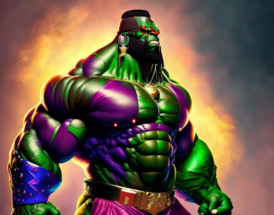 Muscular green-skinned character with sunglasses, earrings, and nose piercing in purple pants.