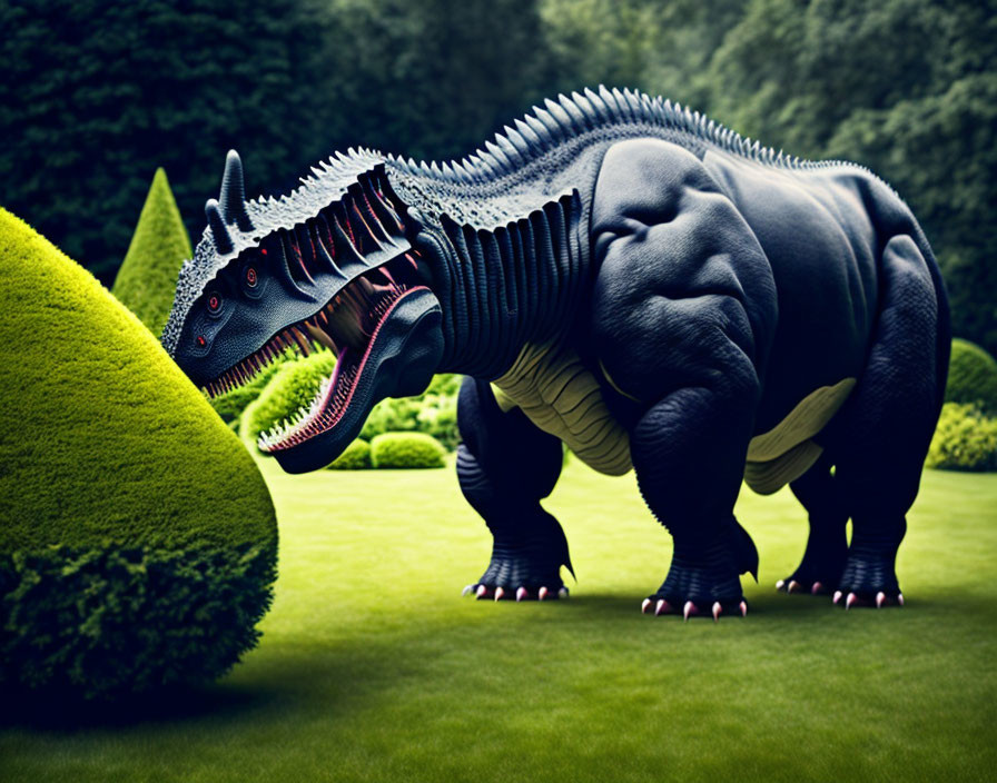 Digital hybrid creature in garden with lush green bushes