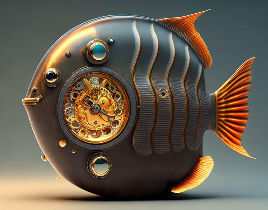 Steampunk-style mechanical fish with visible gears and bronze fins