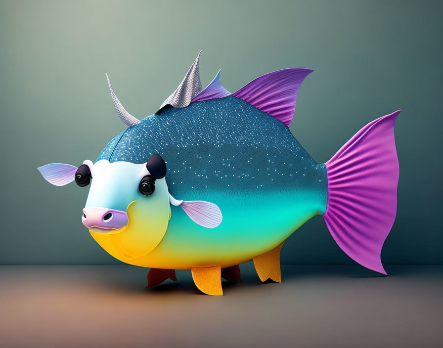 Colorful Cow-Fish Hybrid Artwork with Sparkly Blue Body