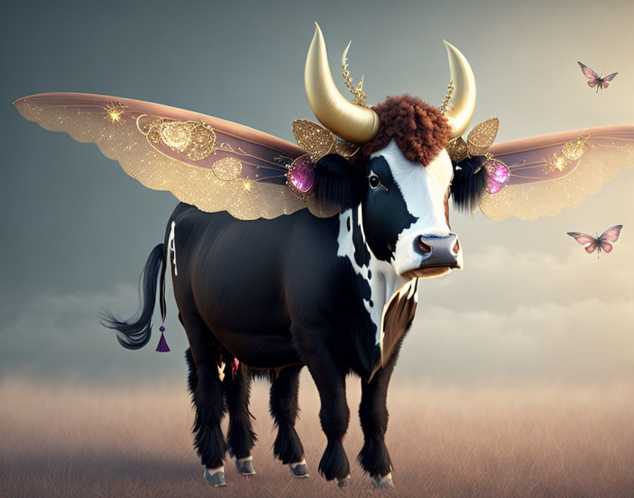 Illustration of black and white cow with golden horns and butterfly wings surrounded by flying butterflies