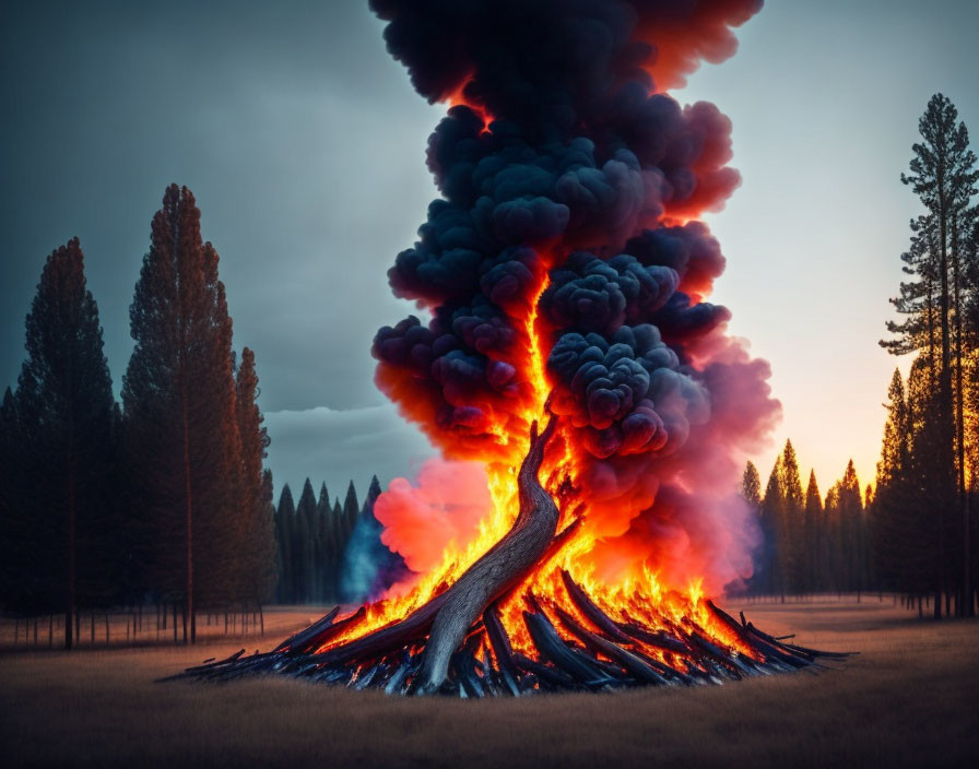 Towering Black Smoke from Large Twilight Bonfire