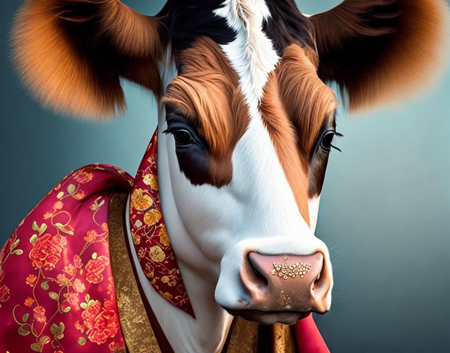 Colorful cow illustration in red and gold robe on blue background