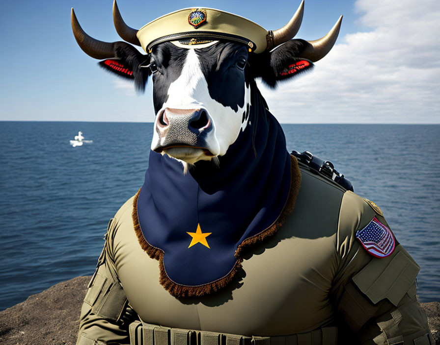 Cow in Military Officer Uniform with American Flag Patch by Sea