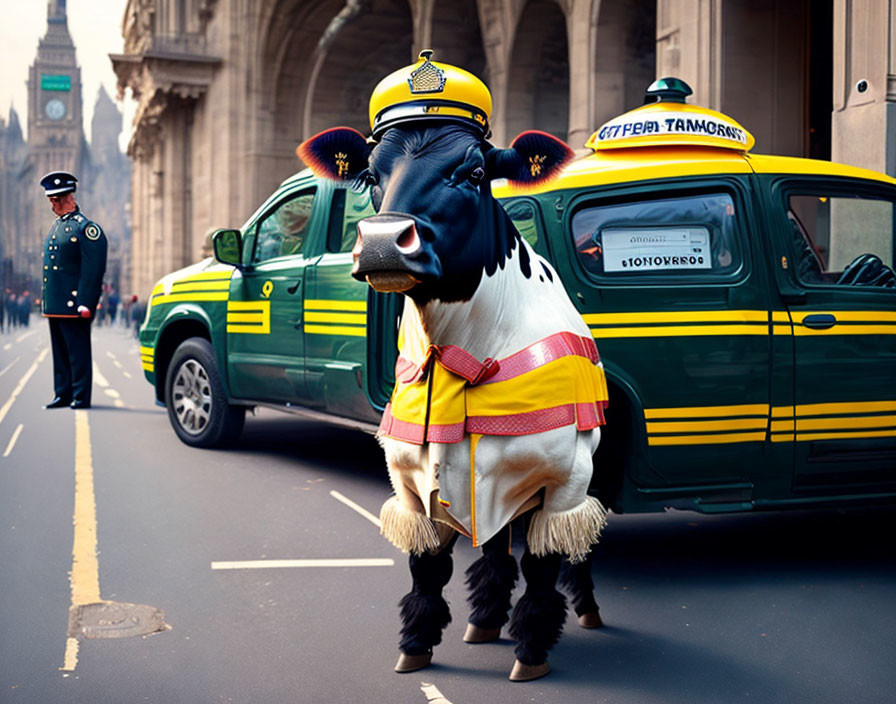 Digitally altered image: cow in safety vest and taxi cap with green taxi cab and police officer.