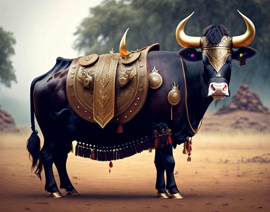 Digitally enhanced image of a bull in golden armor in misty forest