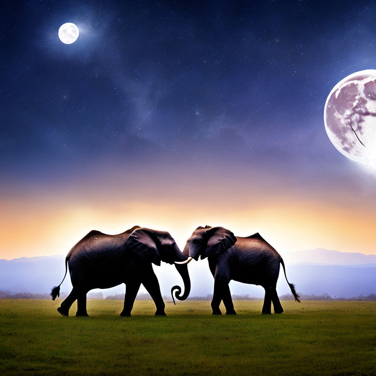 Elephants touching trunks under starry sky with moon and surreal planetary body