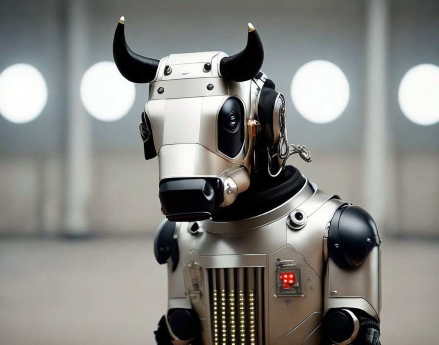 Silver and Black Bull-Headed Humanoid Robot with Horns and Circular Ears