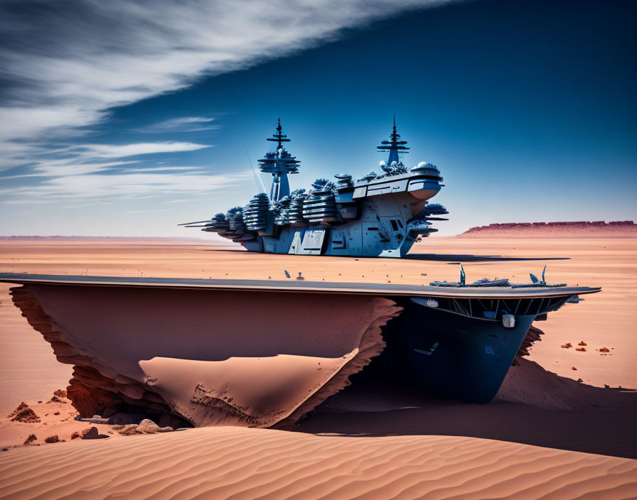 Surreal image of battleship half-submerged in desert sands