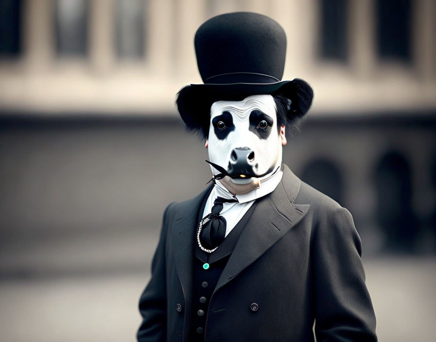 Person in Panda Head Mask Wearing Formal Attire, Top Hat, Monocle, and Bell