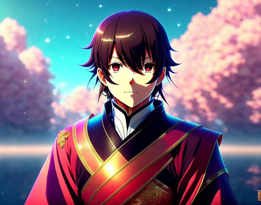 Anime character with dark hair and red eyes in traditional red and black outfit among glowing sakura trees