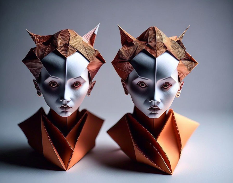 Identical polygonal human figures with gray faces and orange origami designs