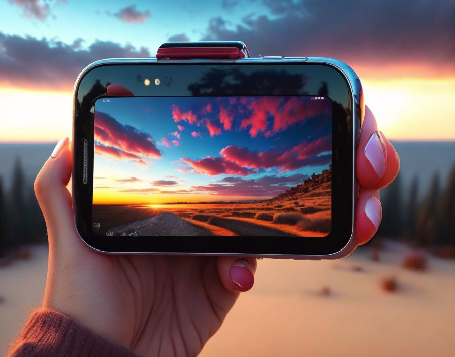 Hand holding smartphone capturing vibrant sunset with fluffy clouds