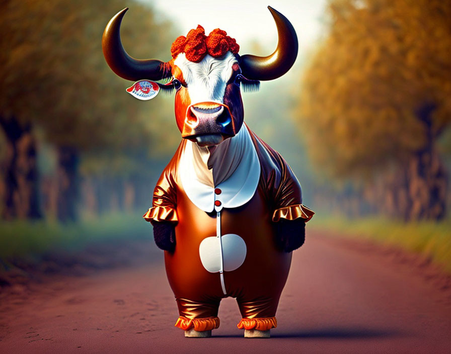 Bull in Stylish Suit with Flower Crown on Country Road