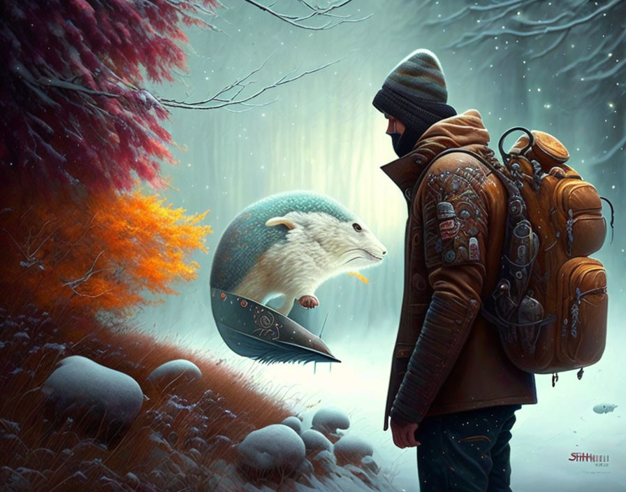 Traveler with whimsical hedgehog backpack in wintry forest