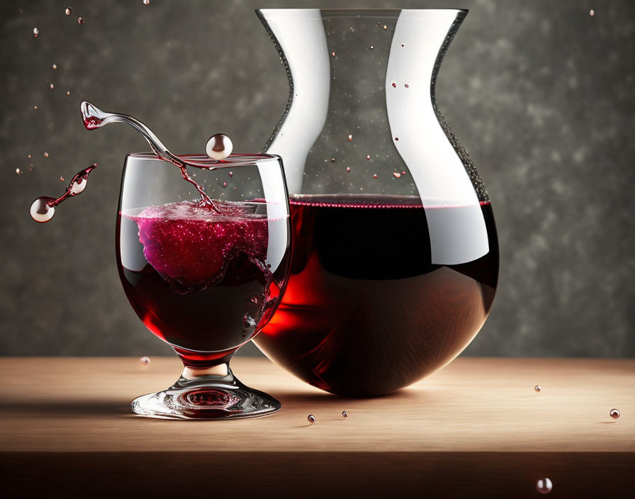 Red Wine Glass and Decanter on Wooden Surface with Splash