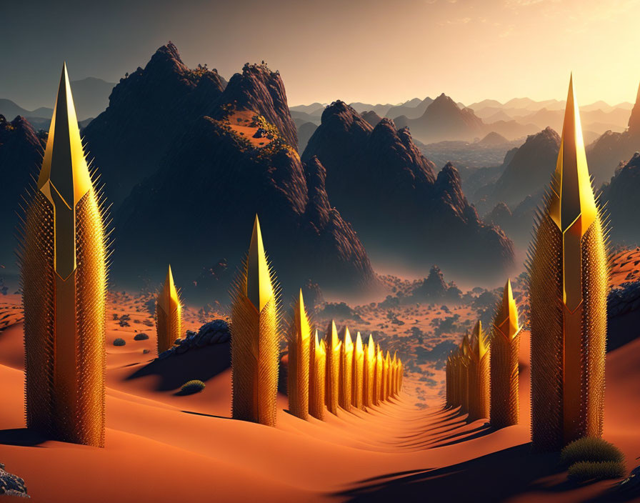 Futuristic golden spires against rugged mountains and sand dunes