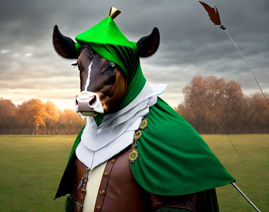 Cow in Robin Hood costume with green hat and cape in field with bow and arrow.