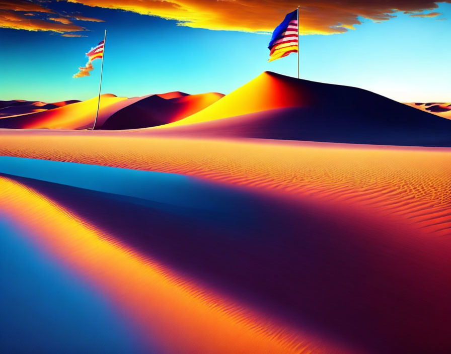 Colorful desert sunset with waving American flags in vivid sky