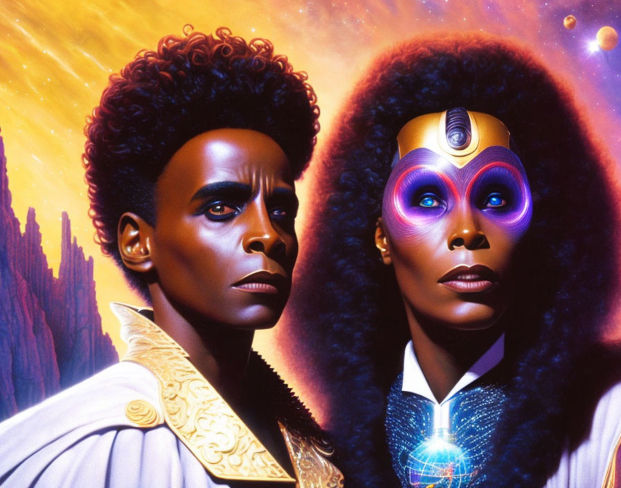 Two futuristic characters in elaborate makeup and costumes on cosmic backdrop.