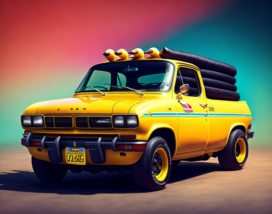 Vintage Yellow Pickup Truck with Surfboards and Sunset Background