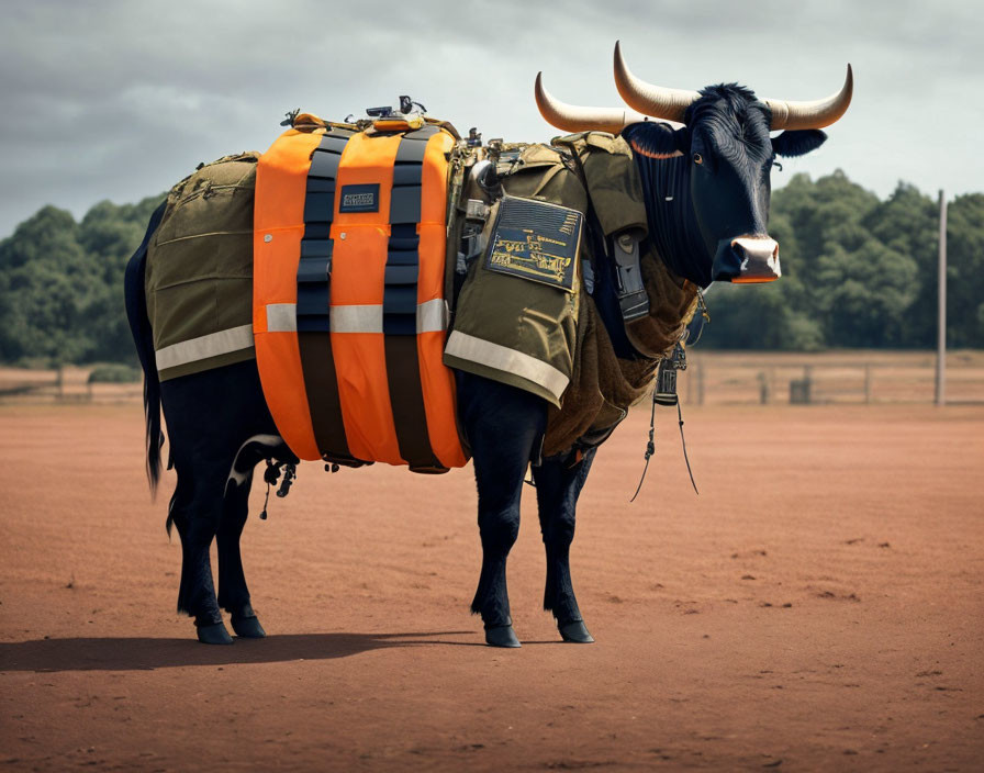 Bull with Large Horns in Harness with Orange and Black Saddlebags